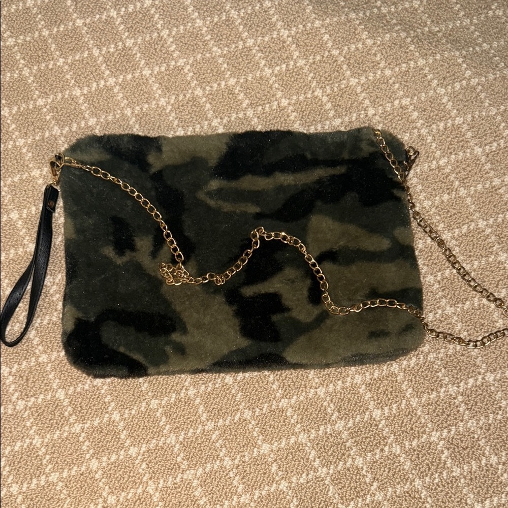 Faux Fur Camouflage Wristlet Clutch with Gold Chain